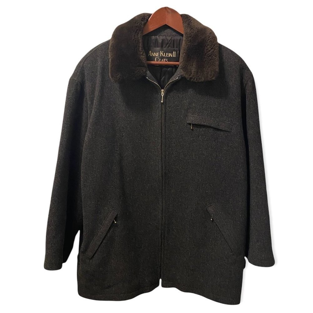 ANNE KLEIN Vintage Gray Wool Pea Coat w/ Fur Collar Medium